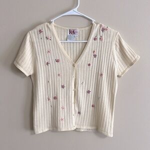 Vintage Cream Ribbed Hand Embroidered Short Sleeve V Neck Cardigan